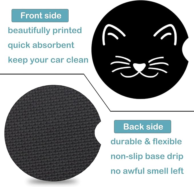 2 Pack Cat Car Cup Holder Coasters Universal Neoprene Coasters | 2.75" Universal Size Anti Slip Rubber Mat, Auto Cup Holder Accessories for SUV Truck, Cat Mom Gifts for Women Men