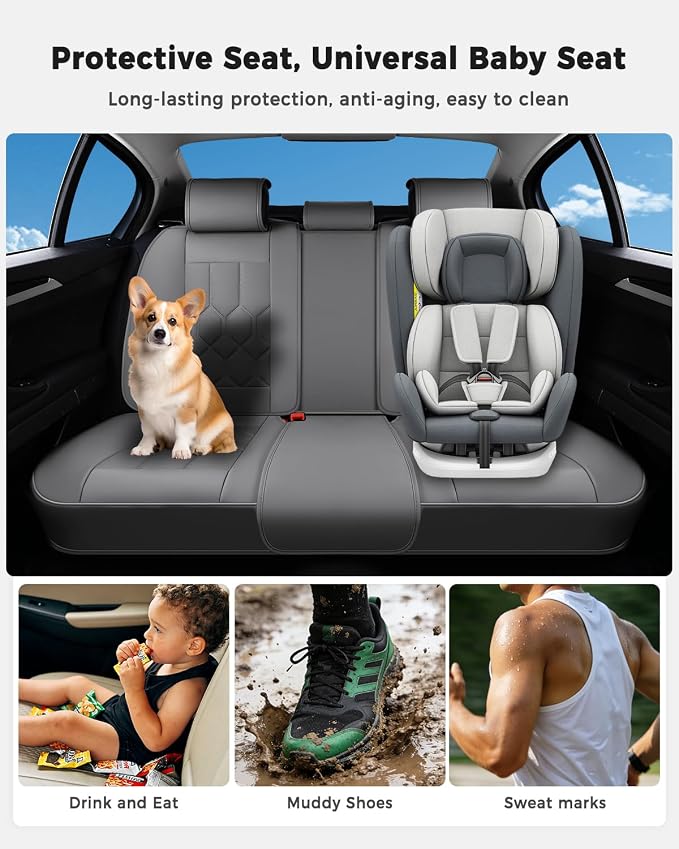 Huidasource Seat Covers Full Set, Universal Fit for Cars SUVs Trucks, Gray | Full Coverage Leather Car Seat Cover, Airbag, Cupholder Compatible, Seat Function Retain, Velcro Adjustable
