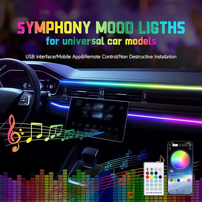Interior Car Ambient Lighting Neon Kit for Center Console Dashboard Gap | 43.3 Inches, High Bright, RGB LED Ultrathin Acrylic Strip Lights, APP & Remote Control, USB interface, Music Sync, Universal