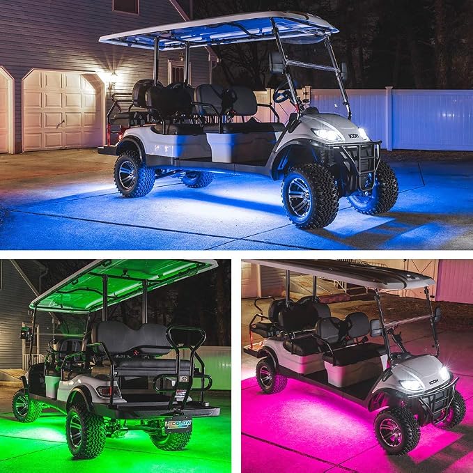 LEDGlow 4pc Million Color LED Golf Cart Underglow Kit for 12V 6-Seater | Accent Neon Lights Fit EZGO Yamaha Club Car ICON, Multi-Color Water Resistant Flex Tubes, 10 Solid Colors, 16 Modes