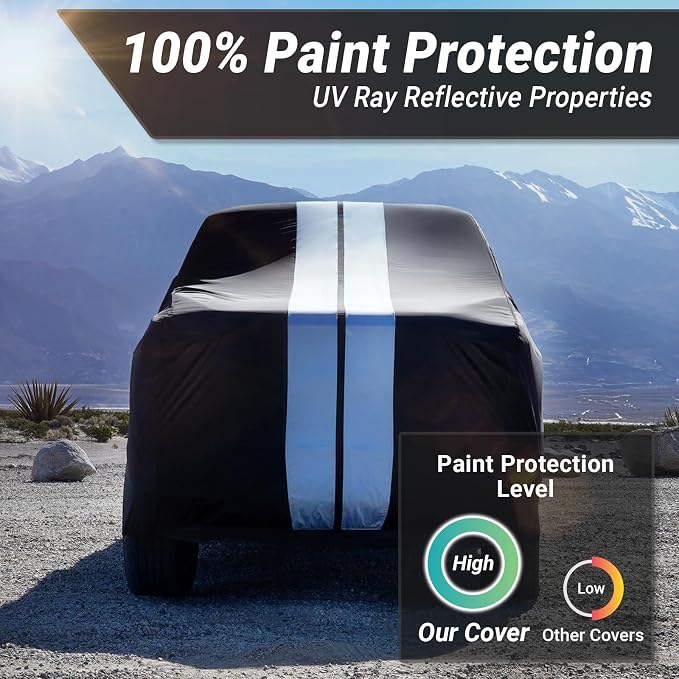 iCarCover Premium Heavy Duty Truck Car Cover - Waterproof All Weather Rain Snow UV Protection, F-150 Extended Cab, F-250, F-350 Crew Cab, Extended Cab, Size T87 (See Size Chart), Stripe - Black/Gray