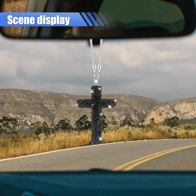 ZIMISI Bling Cross Car Hanging Ornament, Crystal Rhinestone Car Rearview Mirror Pendant for Women, Diamond Rear View Mirror Charm Present, Universal Vehicle Interior Decoration Accessory (Black)