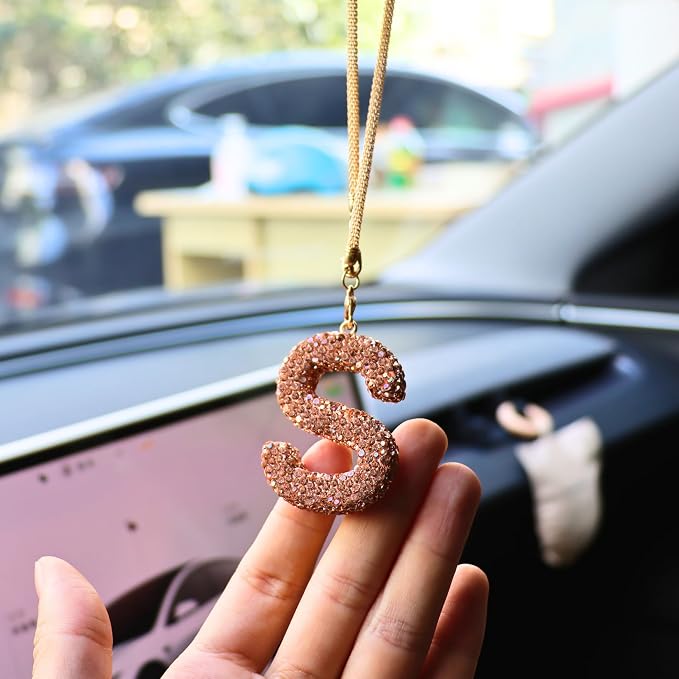 Bling Car Accessories for Women Letter Charm, Rainbow Crystal Rearview Mirror Pendant, Cute Diamond Rhinestone Car Decor, Lucky Gift for Women(S, Champagne Gold)