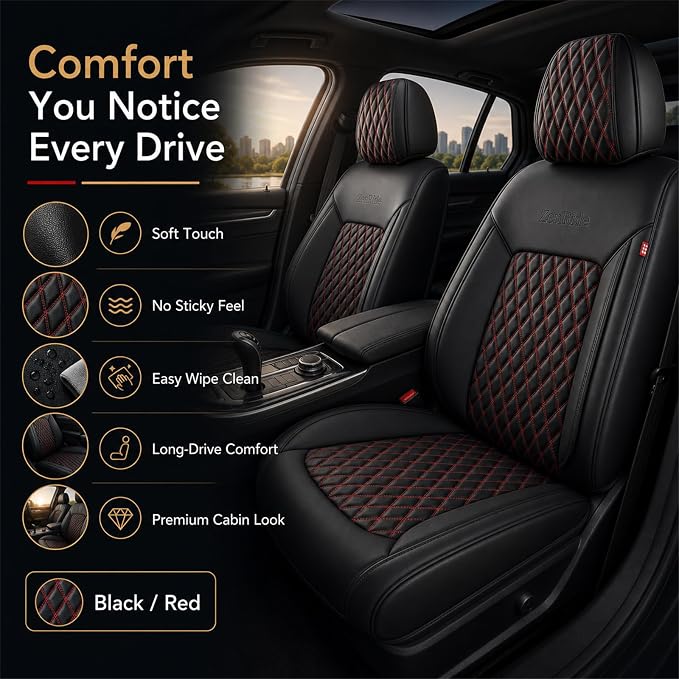 Black and Red Thick Nappa Leather Automotive Front Car Seat Covers Set of 2 | Univerasal Precision Fit,3D Contoured,Waterproof,ThickTexture Nappa Leather,for most Suvs Trucks Sedans