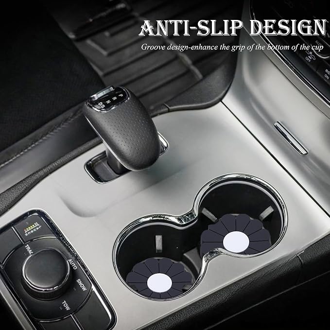 4-Pack Car Cup Holder Coaster Inserts, Daisy Shape, 2.75 Inch Non-Slip Silicone Cup Holder Insert, Universal Non-Slip Cup Holders, Car Accessories Interior for Women and Man (Black)