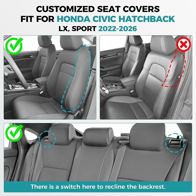 Seat Covers for Honda Civic Hatchback Sport, LX 2022-2026 & Hybrid Sport 2025-2026, Faux Leather Car Seats Cover Full Set Waterproof (60/40 Split Seatback-No Rear Armrest) Grey