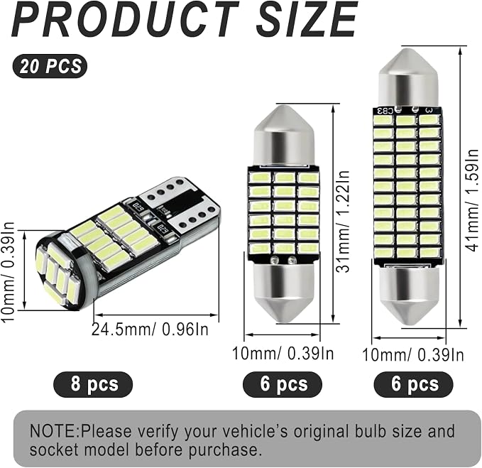 20 PCS Car LED Lights Interior Bulb Kit Set, T10 31mm 41mm LED Dome Lights Interior Replacement for Car Map, License Plate, Door, Side Marker, Cornering & Trunk Bulbs (Ice Blue)