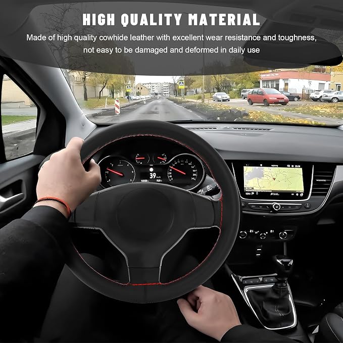 Genuine Leather Steering Wheel Cover, 15 Inch Stitch on Steering Wheel Protector with Needle & Thread, Anti-Slip DIY Sewing Wheels Wrap for Most Vehicles (Black & Red, Glossy)
