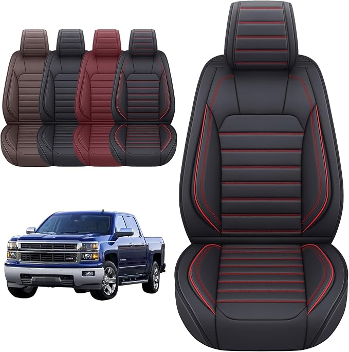 YIERTAI Chevy Silverado Seat Covers Compatible with GMC Sierra fit 2007-2025 2026 1500/2500/3500HD Trail Boss Z71 Crew Double Extended Cab LTZ LT RST Waterproof Leather(2 PCS Front only/Black-Red)
