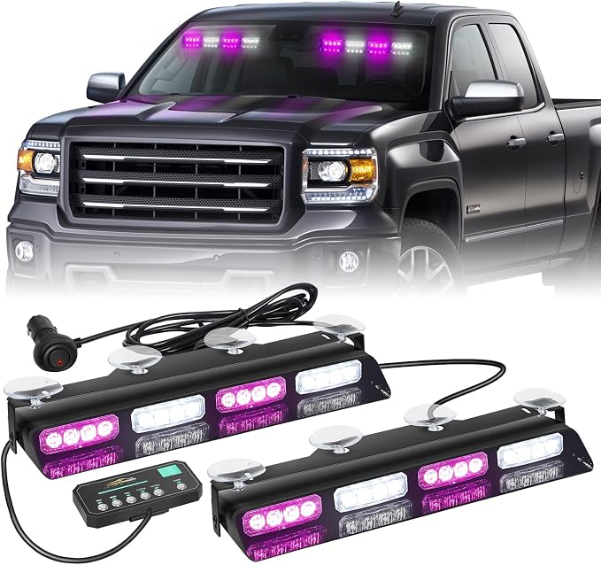 XRIDONSEN 2x14 inch Purple White Emergency Dash Lights 32 LED Strobe Lights | Interior Safety Flashing Warning Hazard Caution Front/Rear Windshield Light Bar w/ Controller for Escort Vehicles Trucks Car