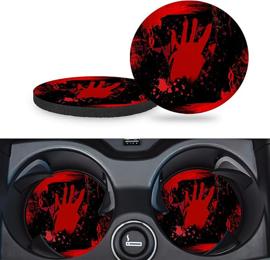 Car Cup Holder Coasters, 2 Pack – 2.75" Universal Auto Anti-Slip Insert Coaster, Rubber Car Coasters, Personalized Car Accessories for Women & Men (Blood Splattered Handprints)