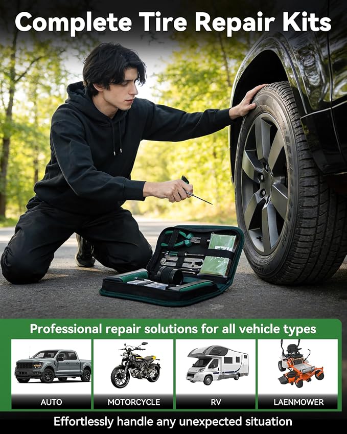 Tire Repair Kit with Effortless Insertion & Removal – 50pcs Complete Professional Heavy Duty Tire Plug Kit,Puncture Repair for Car, Motorcycle, Tractor, ATV, SUV, Truck (Portable Case Included)