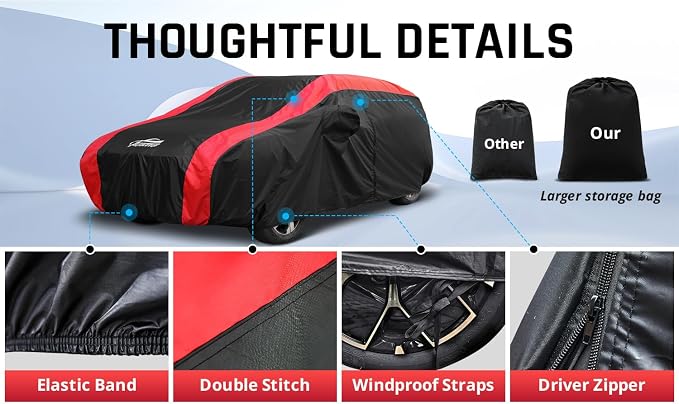 Full Exterior Covers for Waterproof Protection with Red Stripe Design,SUV Car Covers for Automobiles Universal Fit Nissan Kicks, Benz GLA, BMW X1 X2, Cadillac XT4, Ford Escape, Juguar E-PACE