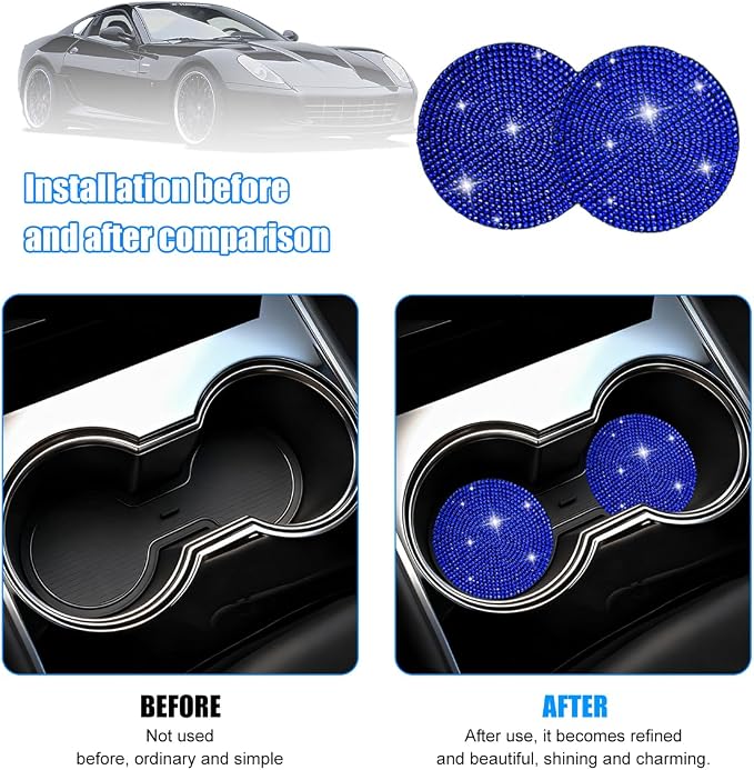 8PCS Bling Car Accessories Set, Sparkly Rhinestone Vehicle Steering Wheel Seat Belt Gear Shift Start Stop Button Cover, Diamond Auto Cup Holder Coaster Decoration, Universal Fit (Blue)