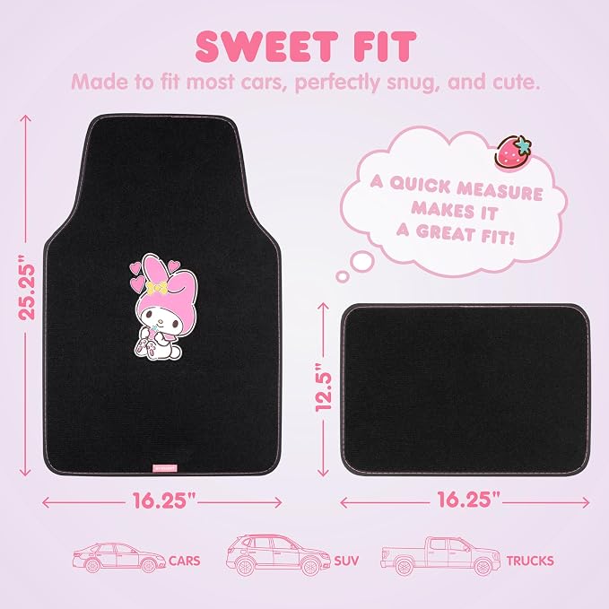 Car Floor Mats - Universal Fit for Cars, SUVs & Trucks - Black Hello Kitty Accessories - Carpet Car Mats Front & Rear Set, 4 Piece Cute Car Accessories