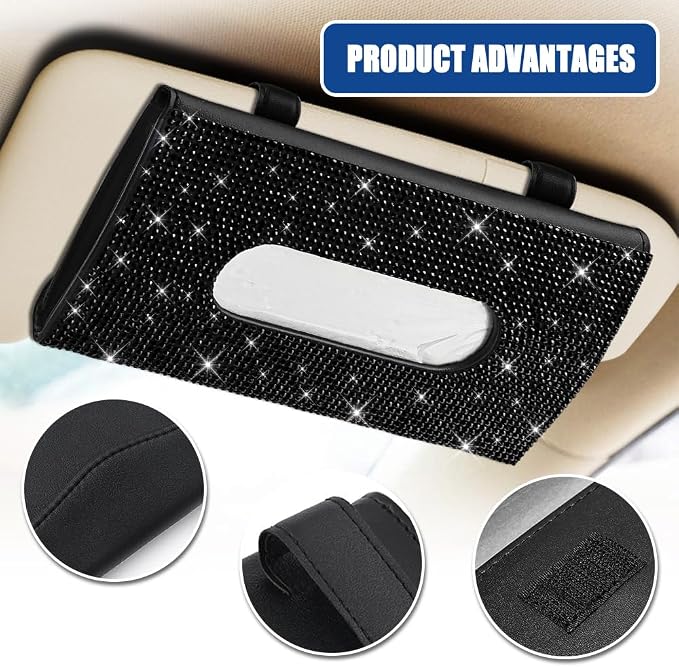 Bling Car Sun Visor Tissue Box Holder, Visor Accessories, Rhinestone PU Leather Crystal Sparkling Napkin Holder, Auto Sun Visor Paper Towel Cover Case Accessories for Most Cars (Black)