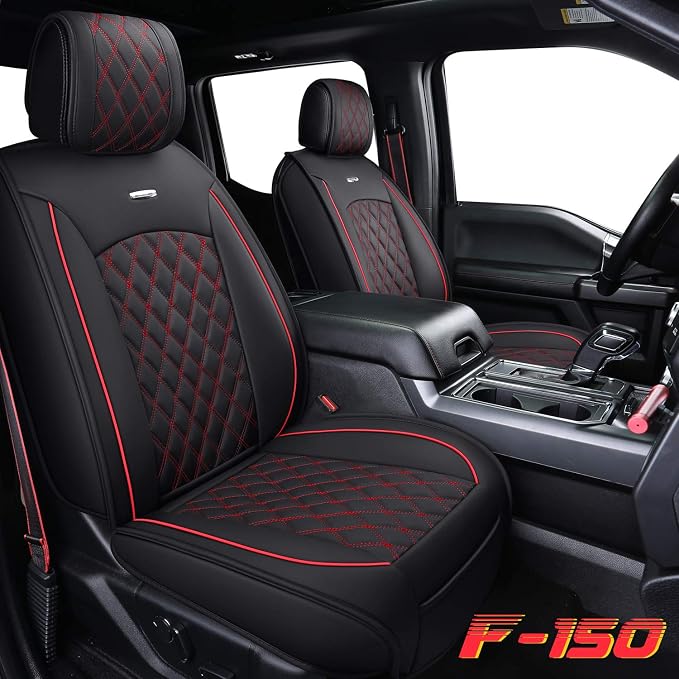 Aierxuan Front Car Seat Covers Custom Fit 2009-2026 Ford F150, 2017-2026 F250 F350 F450 Super Duty Crew Cab Regular Cab Super Cab, Automotive Vehicle Cushion with Waterproof Leather (Black and Red)