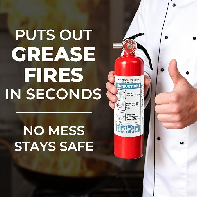 Safewayfire Pro 2.5 lb Fire Extinguisher for Home, 1A:10B:C, Water-Based | Fire Extinguisher for Kitchen, BBQ & RV, Low Mess, Easy Cleanup, Fights Grease, Liquid, Gas & Electrical Fires, 1-Pack