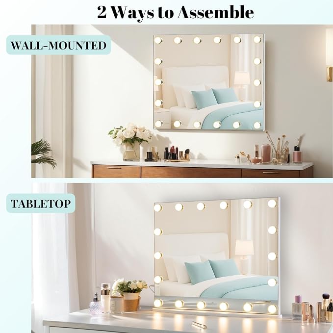 LUXFURNI Vanity Mirror with Lights, 23.6" Hollywood Makeup Mirror White | 18 Surround LED Bulbs, 360° Shadow-Free Lighting, 3 Color Modes, USB Charging, Tabletop & Wall Mount for Bedroom Dorm Desk