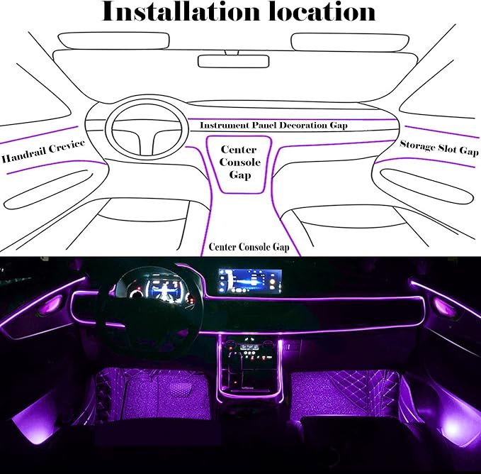 DEHERANE Interior Car LED Strip Lights, RGB 6 in 1 Ambient Lighting Kits with 315 inches Fiber Optic, 16 Million Colors APP Wireless Control Car Neon Lights, with Music Sync Function