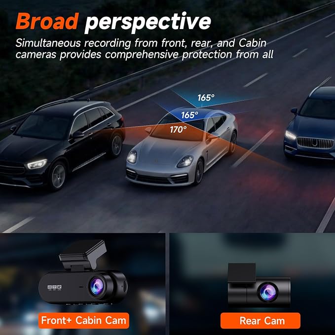 GT902 Dashcam 4K 3 Channel Dash Cam Front Rear Inside, True 170° Wide Angle, 3.19" IPS Screen 2.4G WiFi Custom APP Control, Loop Recording Collision Lock G-Sensor Parking Monitor, 256GB Storage Max