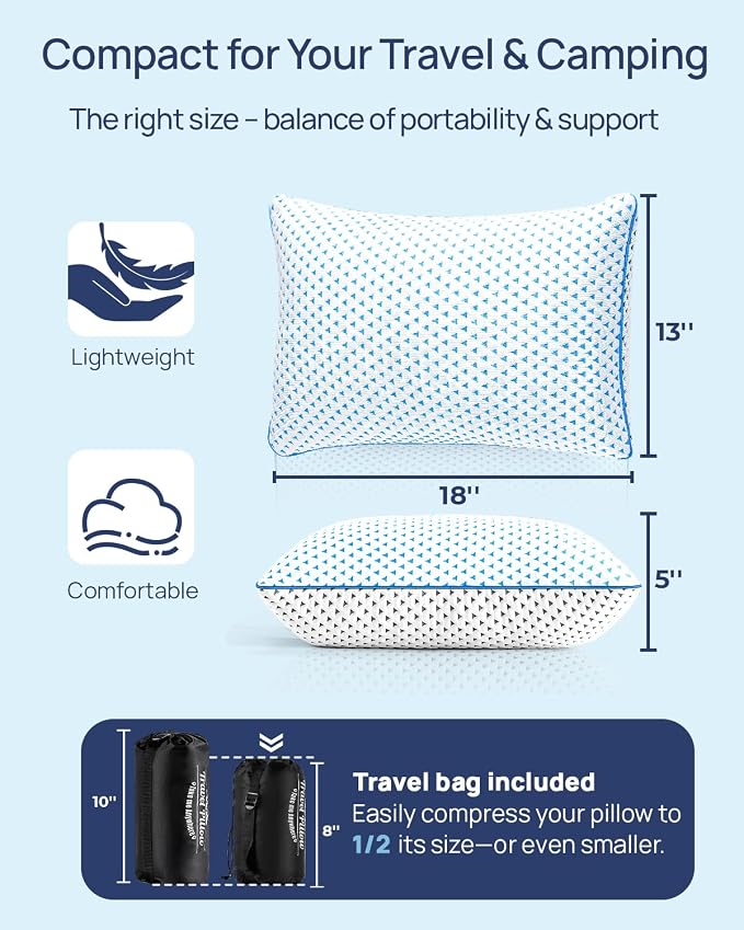 Small Cooling Memory Foam Pillow for Travel & Camping, Compressible Original Adjustable Pillow for Medium Firm Neck Knee Lumbar Support, Washable CertiPUR-US, Ideal Sleeping, Car, Airplane,Backpacking