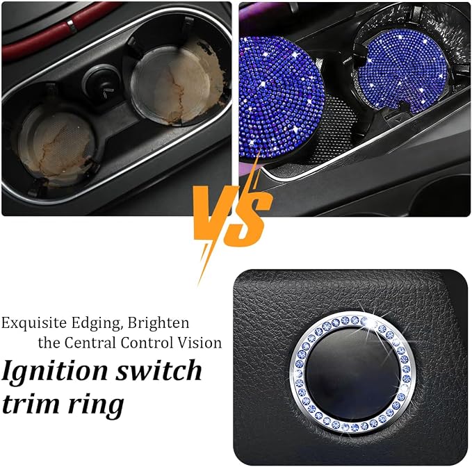 27PCS Bling Car Accessories Set for Women, 14.5-15" Crystal Rhinstone Steering Wheel Cover, License Plate Frame, USB Charger Phone Holder, Girly Auto Interior Decor Set, Universal Fit (Blue)