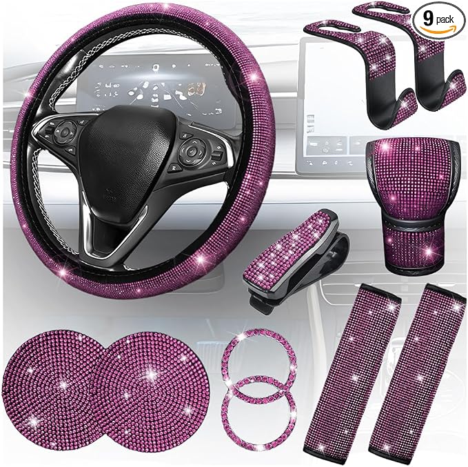 8PCS Bling Car Accessories Set, Sparkly Rhinestone Vehicle Steering Wheel Seat Belt Gear Shift Start Stop Button Cover, Diamond Auto Cup Holder Coaster Decoration, Universal Fit (Pink)