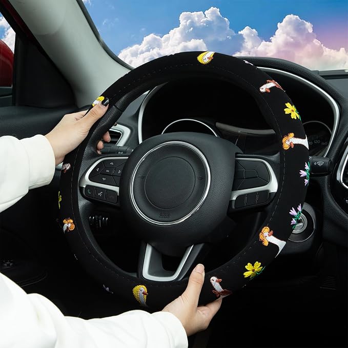 Embroidered Goose Cute Black Steering Wheel Cover, Auto Anti-Slip Breathable Steering Wheel Protector, Goose Car Accessories for Women,Universal Size Fit Most Cars -15 inch