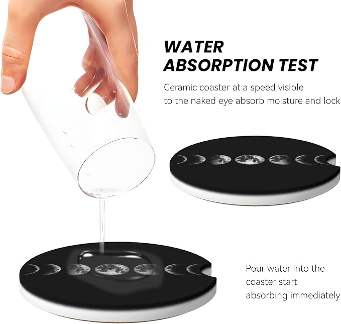 Moon Art Car Cup Holder Coasters 2 Pack 2.63" for Women | Universal Anti Slip Ceramic Absorbent Coaster with Cork Base and Finger Notch Cute Car Accessories Interior