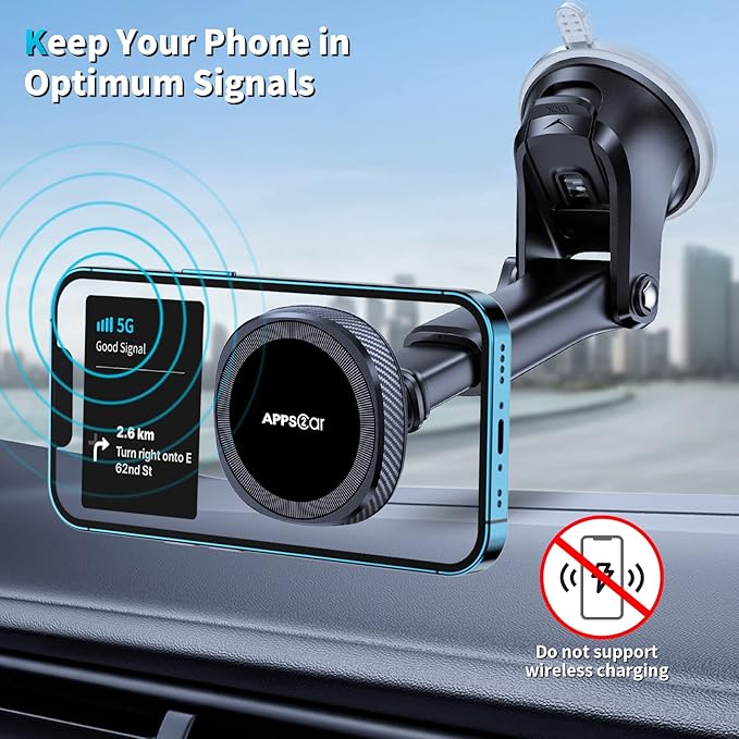 APPS2Car for MagSafe Car Phone Mount for iPhone, Magnetic Windshield Dashboard Holder with Telescopic Arm and Strong Suction Cup, Compatible with iPhone 17/16/15/14/13/12 MagSafe Cases