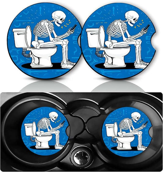 2 Pack Funny Dad Skeleton Car Cup Holder Coasters Neoprene Anti Slip Mat | Cars Coasters Fathers Skull Car Accessories Decor 2.75" Universal Size Insert Auto Coasters Skeleton Gifts for Women Men