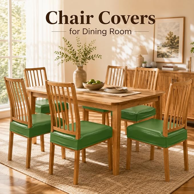 NILUOH Waterproof Seat Covers for Dining Room Chairs Set of 4, Pu Leather Chair Seat Slipcovers Dining Chair Cover Removable Washable Chair Protctor Cover, Rear Covers (PU-Grass Green)
