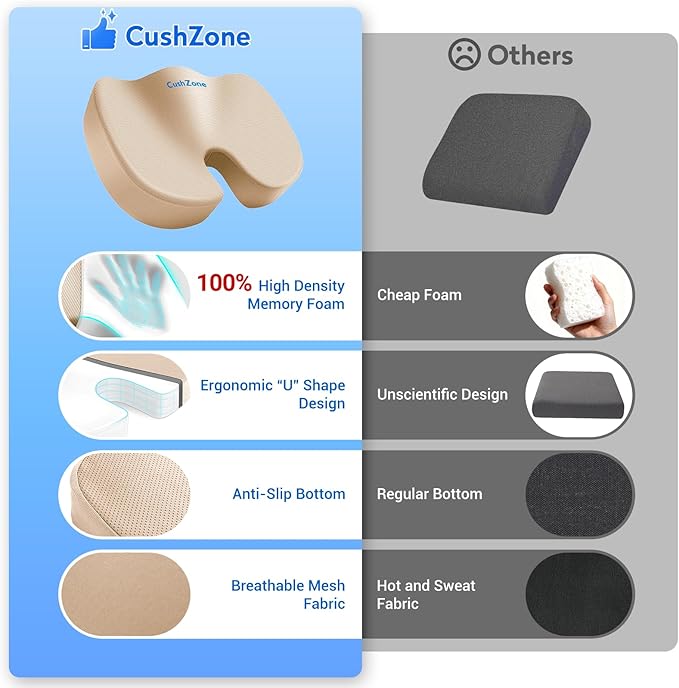 XXL Seat Cushion Office Car Seat Cushion, Memory Foam Cushion for Office Chair, Car Seat, Airplane, Bleacher Non-Slip Chair Pad (Khaki