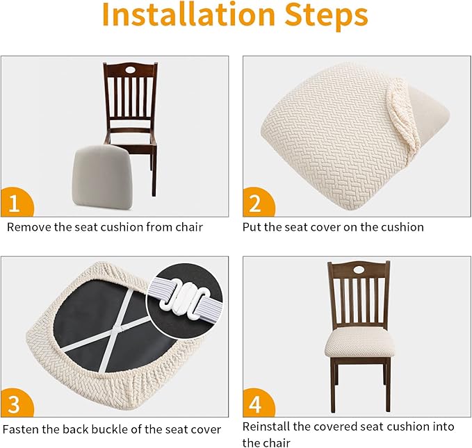 Fuloon Stretch Seat Cushion Covers 4 PCS, Washable Chair Seat Slipcover Chair Cover Dining Room for Hotel, Ceremony, Banquet Wedding Party (Beige, 4)