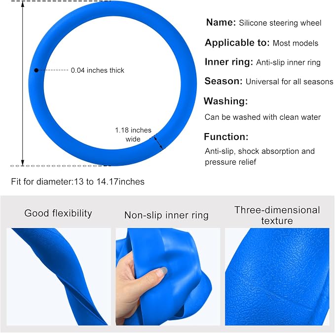DXNQ Car Steering Wheel Cover, 13 to 14.17 inches Anti-Slip Silicone Steering Wheel Protector, Soft Flexible Shock-Absorbent Steering Wheel Protective Cover for Most Car Models (Dark Blue)