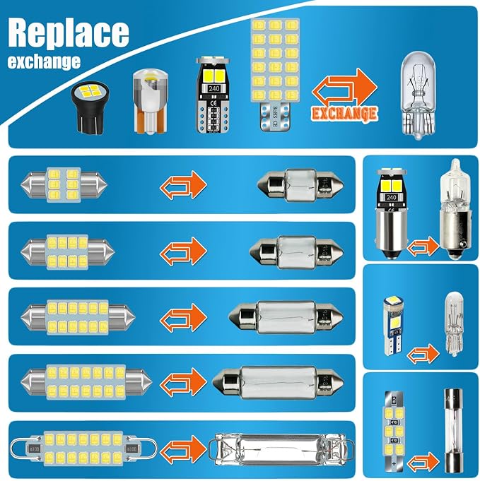 44-Pack Car Truck Vehicle LED Interior Light Map Dome Bulb Kit | 12V White DE3175 6418 6411 T10 194 BA9S 64111 T5 74 6615F 28mm 31mm 36mm 41mm Vanity Mirror Footwell Cargo License Plate Bulb
