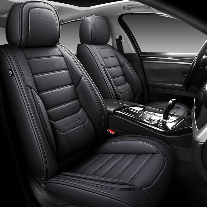 MINGBRON Black Car Seat Cover with Lumbar Support, Car Seat Protector Waterproof, Nappa Leather Car Seat Cushion, Car Seat Covers Front Seats and Back Fit for Most Cars