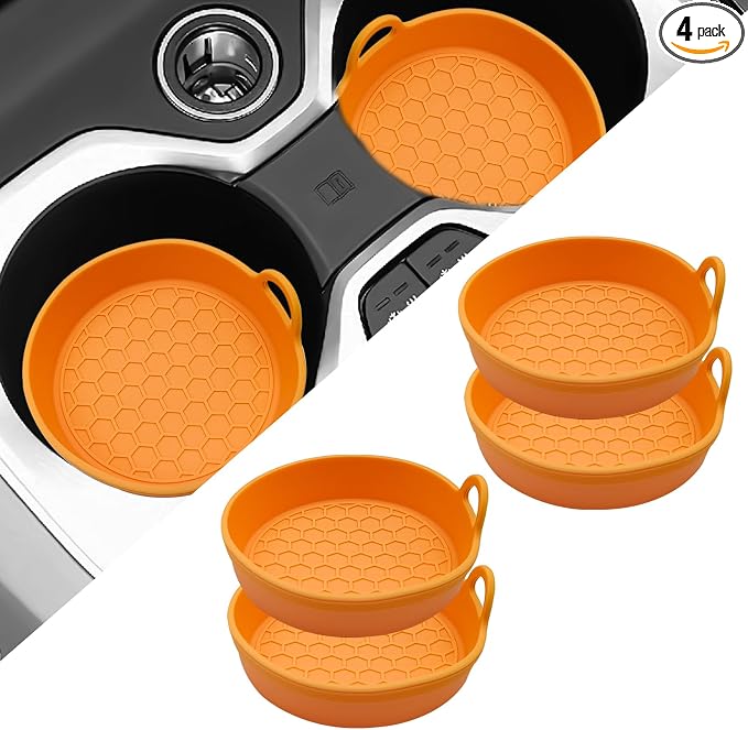 4 Pack Car Cup Holder Coaster, Universal Silicone Non-Slip Insert Pad, Waterproof Spill-Proof Drink Mat for SUV Sedan Truck, Automotive Interior Accessories (Orange)