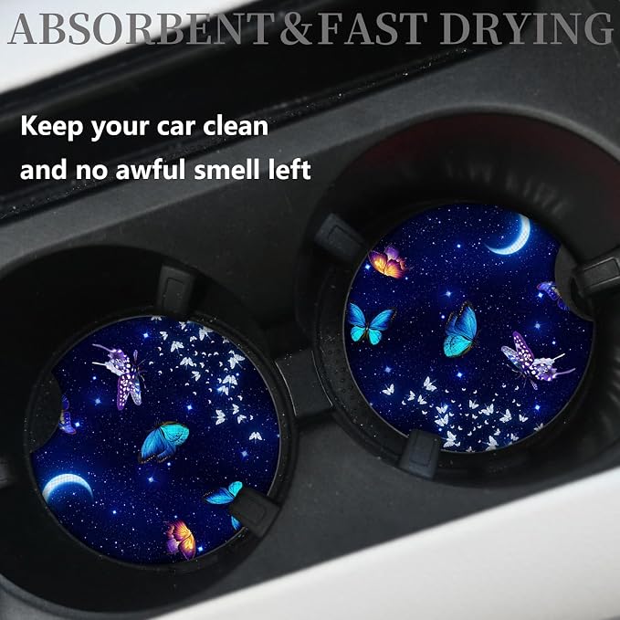 2pcs Blue Butterfly Cup Coaster for Car SUVs Trucks, Rubber Car Coasters with A Finger Groove, Car Cup Holder Coasters Interior Accessories