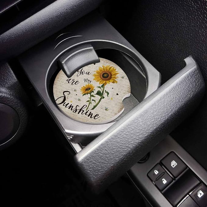 Small Car Coasters for Cup Holders 2.65" Absorbent 6 Pack Car Coaster Ceramic Stone for Drinks Absorb Water Drops You are My Sunshine Sunflower and Bee Letter Texture Retro Style