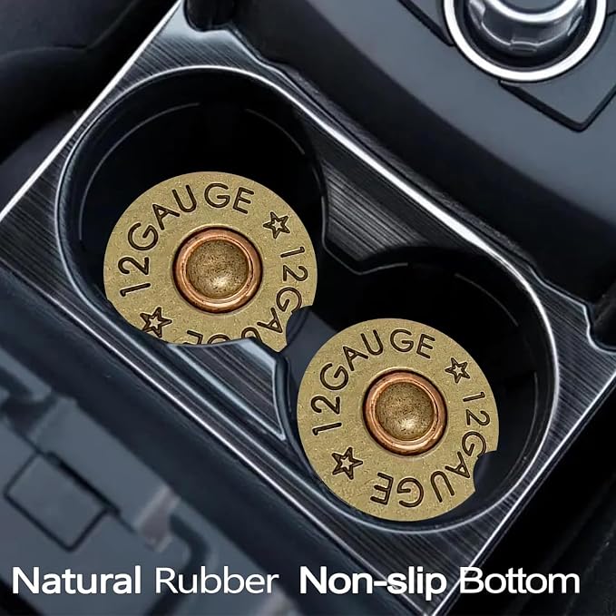 2 Pack Cool 12 Gauge Bullet Car Cup Holder Coasters Universal Neoprene | 2.75" Universal Size Anti Slip Rubber Mat, Auto Cup Holder Accessories for SUV Truck, Bullet Gifts for Men Dad