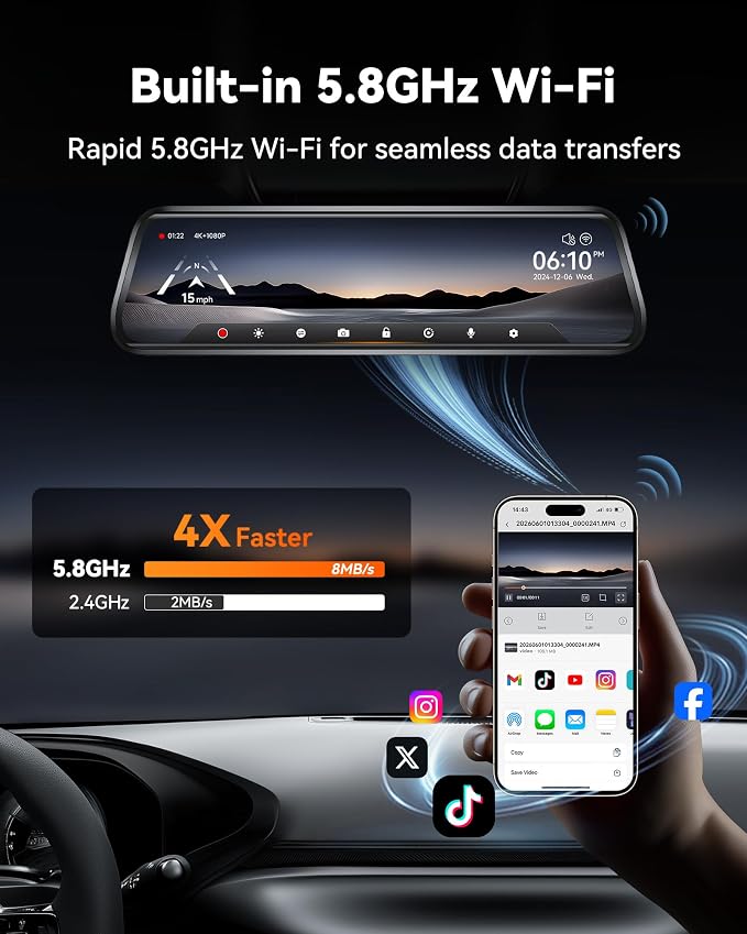 WOLFBOX G930 10'' Rear View Mirror Camera with 5.8GHz WiFi, 4K Dash Cam Front and Rear with WDR, Touch Screen Rearview Mirror Backup Camera, Parking Monitor, Reverse Assist, Includes 64GB Card & GPS
