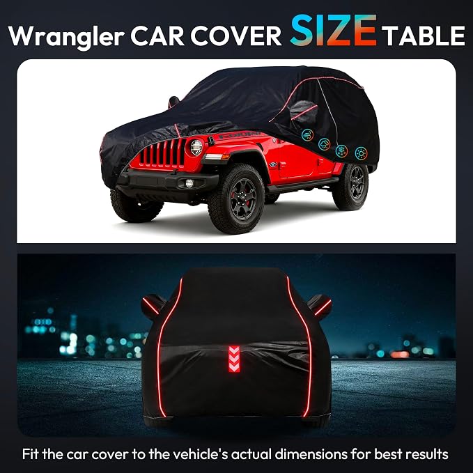 Car Cover Waterproof All Weather 8-Point Fastening for Wrangler 2006-25 | All-Around Wind-Resistant Fastening, 120s Quick Setup, 600D Oxford Fabric, All-Weather Protection
