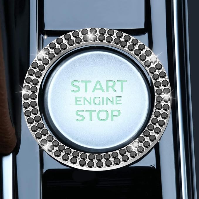 LivTee Car Engine Start Stop Decoration Ring, Crystal Double Rhinestone, Bling Car Interior Accessories for Women, Key Ignition & Knob Bling Ring, Push to Start Button Cover/Sticker, Black