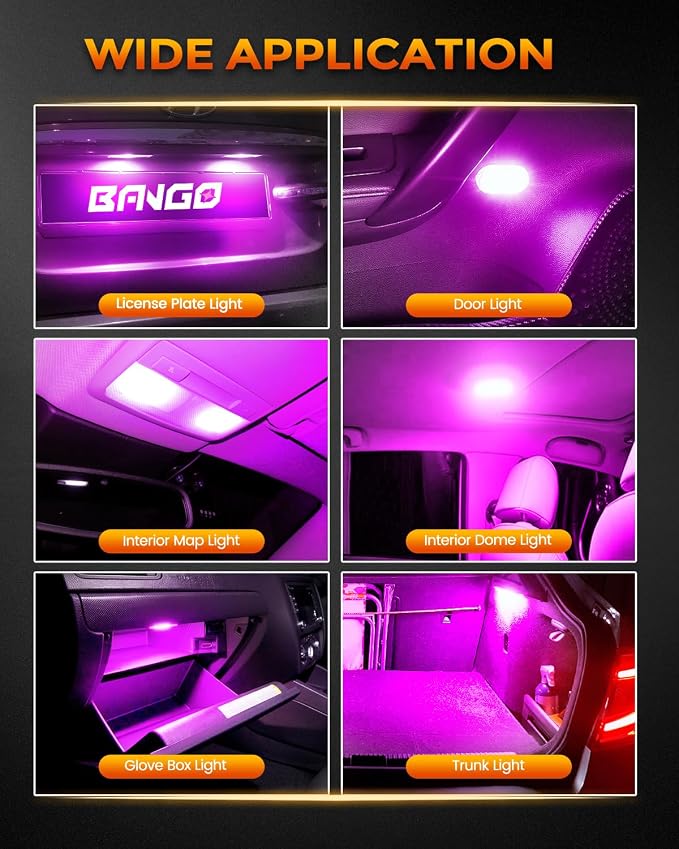 BANGO 24 Pieces Car LED Interior Light Bulbs, Non-Polarity Design with Removal Tool, Suitable for Car Dome Map Door Trunk License Plate Lights, Etc. (Purple)