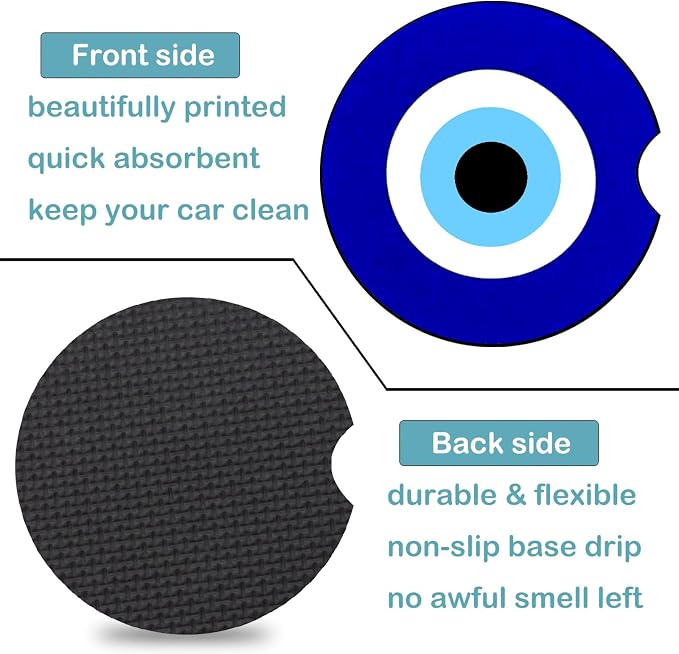 2 Pack Blue Evil Eye Car Cup Holder Coasters Universal Neoprene Coasters | 2.75" Universal Size Anti Slip Rubber Mat, Auto Cup Holder Decor Accessories for SUV Truck, Evil Eye Gifts for Men Women Mom