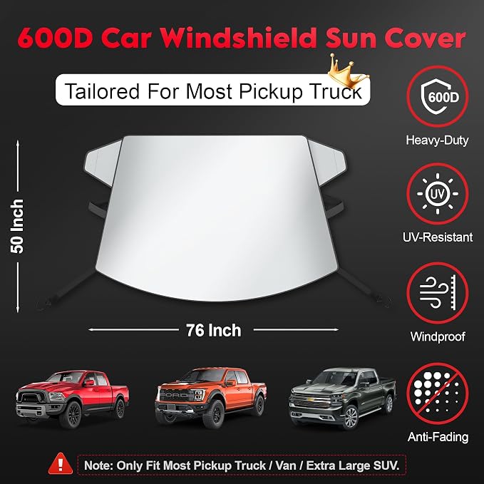 Zettum Truck Windshield Sun Cover - 600D Windshield Sun Shade Window Cover for Pickup Truck Heavy Duty, Outside Summer Sunshade Protector for Ford F150, Silverado, GMC Sierra, Ram, Van, and More