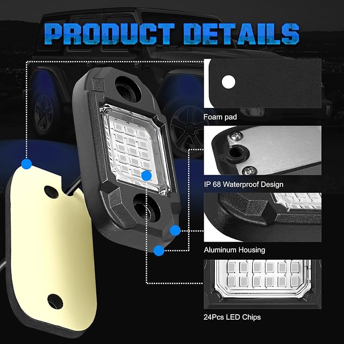 4 Pods Blue Rock Lights Underglow Light for Cars Trucks Trail Rig Lamp | 24 LED chips for each light, waterproof bottom chassis lights