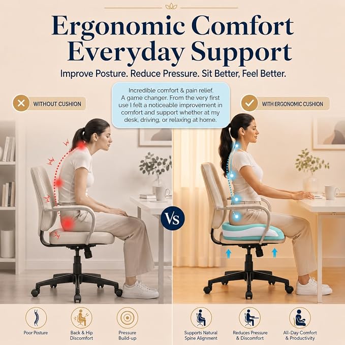 Memory Foam Ergonomic Seat Cushion for Office Chairs Pain Relief | Suitable for prolonged sitting, relieves tailbone pain, fits office chairs, wheelchairs, car seats and computer desk chairs